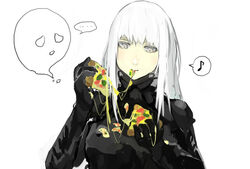  ... bad_id bad_pixiv_id blame! bodysuit cheese_trail cibo eating eighth_note female food food_on_clothes ghost grey_eyes highres holding holding_food holding_pizza iko musical_note orihika pizza pizza_slice safeguard_(blame!) simple_background speech_bubble spoken_ellipsis spoken_musical_note white_background white_hair 