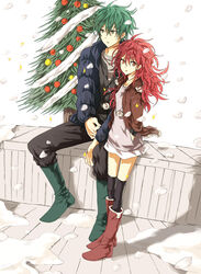  1boy animification bad_id bad_pixiv_id boots christmas christmas_tree coat couple dandruff dress female flaky_(happy_tree_friends) flippy_(happy_tree_friends) green_eyes green_hair happy_tree_friends height_difference highres personification petite photoshop_(medium) red_eyes red_hair sitting snow snowing standing straight sweater sweater_dress tears thighhighs yuki_(fuguneko) 