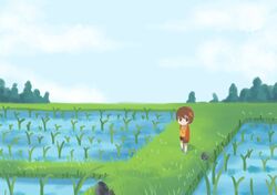  brown_eyes brown_hair chie_(lcddem) cloud commentary female hair_ornament lcddem night night_(nightmargin) outdoors rice_paddy rock shadow shoes short_hair shorts sky solo tree 