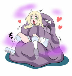  ^_^ blonde_hair boots closed_eyes commentary_request dress female green_eyes heart honehone hug lillie_(pokemon) long_hair muk open_mouth pokemon pokemon_(creature) pokemon_sm scared 