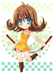  boots brown_hair curly_hair dress female final_fantasy final_fantasy_viii green_eyes highres izumi_makoto jewelry necklace nunchucks pixiv_manga_sample resized selphie_tilmitt short_hair solo 