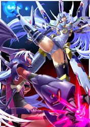  2girls absurdres alternate_costume arm_cannon armor battle blue_hair boots breasts cleavage commentary_request duel expressionless gloves highres kicking kos-mos kos-mos_ver._4 large_breasts leg_up long_hair md5_mismatch mecha_musume multiple_girls original_weltall panties red_eyes t-elos thigh_boots thigh_strap thighhighs underboob underwear urara_(urara-nya) weapon xenogears xenogears_(mecha) xenosaga xenosaga_episode_iii 