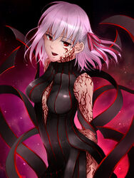  adapted_costume arms_behind_back bad_id bad_pixiv_id breasts dark_sakura fate/stay_night fate_(series) female hair_ribbon izru matou_sakura medium_breasts open_mouth purple_hair red_eyes ribbon solo 