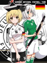  2girls adidas armband ball blonde_hair blush clothes_writing commentary_request crescent flower fujii_jun german_flag germany green_eyes hairband hat katana konpaku_youmu looking_at_viewer lunasa_prismriver multiple_girls river short_hair smile soccer soccer_ball soccer_uniform sportswear sword tango_(soccer_ball) touhou weapon white_hair yellow_eyes 