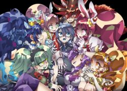  1boy 6+girls :d animal_ears arisugawa_himari biburi_(precure) black_background black_hairband black_shirt blue_eyes blue_gloves blue_hair blue_neckwear blue_tongue boots brown_eyes brown_hair brown_hat cake_hair_ornament cat_ears choker clenched_teeth colored_tongue commentary_request crossed_legs crown cure_chocolat cure_custard cure_gelato cure_macaron cure_parfait cure_whip doll earrings extra_ears food-themed_hair_ornament gloves glowing glowing_eyes gold_crown green_eyes green_hair green_tongue grin hair_ornament hairband hat high_ponytail jewelry julio_(precure) kenjou_akira kirahoshi_ciel kirakira_precure_a_la_mode kotozume_yukari lion_ears long_hair looking_at_another macaron_hair_ornament magical_girl middle_finger mini_crown multiple_girls nervous oerba_yun_fang open_mouth own_hands_together pink_hair pointed_crown pom_pom_(clothes) pom_pom_earrings ponytail precure purple_eyes purple_footwear purple_hair rabbit_ears red_eyes red_hair red_hat senmu_(0107) sharp_teeth shirt short_hair simple_background smile squirrel_ears squirrel_tail sweat swept_bangs tail tategami_aoi teeth thigh_boots thighhighs tongue top_hat twintails usami_ichika white_gloves wide-eyed yellow_eyes 