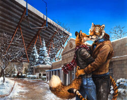  2015 anthro black_body black_fur black_stripes bottomwear brown_body brown_fur building canid canine claws closed_eyes clothed clothing cover devlin_miski duo_focus evergreen_tree felid fox fur group hi_res hug jacket kenket kyell_gold male male/male mammal orange_body orange_fur out_of_position outside pantherine pants pine_tree plant romantic romantic_couple rukis scarf snow striped_body stripes tail tiger topwear town traditional_media_(artwork) tree white_body white_fur wiley_farrel winter 