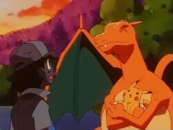  1boy animated animated animation burnt charizard fire lowres nintendo outdoors pikachu pokemon pokemon_(anime) satoshi_(pokemon) 