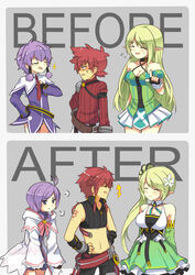  1boy 2girls :t aisha_landar anger_vein before_and_after breasts cleavage closed_eyes collar commentary_request detached_sleeves dress dual_persona elemental_master_(elsword) elsword elsword_(character) fingerless_gloves flower frilled_skirt frills gloves green_hair green_sleeves hair_flower hair_ornament hair_tubes jealous knight_(elsword) magician_(elsword) medium_breasts midriff multiple_girls navel open_mouth panties pleated_skirt pointy_ears puff_of_air purple_hair ranger_(elsword) red_hair rena_erindel ribbed_sweater ribbon rune_slayer_(elsword) shironekojr short_dress side_ponytail skirt smile sparkle sweat sweater tattoo tri_tails underwear wind_sneaker_(elsword) 