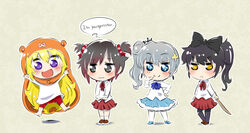  4girls aged_down blake_belladonna chibi commentary cosplay doma_umaru ebina_nana ebina_nana_(cosplay) english_text highres himouto!_umaru-chan iesupa komaru_(himouto!_umaru-chan) komaru_(himouto!_umaru-chan)_(cosplay) motoba_kirie motoba_kirie_(cosplay) multiple_girls ranguage ruby_rose rwby sword tachibana_sylphynford tachibana_sylphynford_(cosplay) weapon weiss_schnee wooden_sword yang_xiao_long 