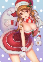  :&lt; alternate_costume bare_shoulders blue_background bow breasts brown_eyes brown_hair carrying_over_shoulder christmas christmas_ornaments cleavage commentary_request cowboy_shot cross-laced_clothes dress eyelashes female fur_trim gloves gradient_background green_bow green_ribbons hair_between_eyes hat holly kantai_collection large_breasts leaning_forward legs_apart littorio_(kancolle) long_hair looking_to_the_side polka_dot polka_dot_background pom_pom_(clothes) purple_background red_eyes red_hat red_ribbon ribbon sack santa_costume santa_hat scarf snowman solo strapless strapless_dress striped_clothes striped_scarf swept_bangs the_roma-like_snowman twintails urokoda white_gloves 