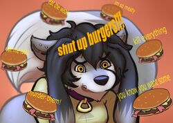  2014 anthro avoid_posting bacon burger canid canine canis clothing collar digital_media_(artwork) ear_piercing english_text food fox fur hair heart_symbol humor male mammal meat meme nude piercing simple_background solo tacoyaki tacoyaki_(character) text white_body white_fur wolf 