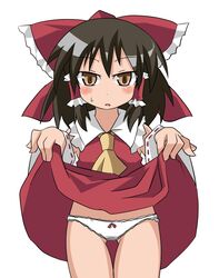  ascot bad_id bad_pixiv_id bow brown_eyes brown_hair clothes_lift detached_sleeves female hair_ribbon hairbow hakurei_reimu kotomi_(happy_colors) panties red_bow ribbon skirt skirt_lift solo touhou underwear white_panties 