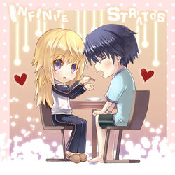  1boy aisagi black_hair blonde_hair blush casual chair charlotte_dunois chibi chopsticks closed_eyes commentary_request eating feeding female heart holding holding_chopsticks infinite_stratos long_hair orimura_ichika purple_eyes shorts sitting table 