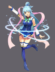  absurdres aqua_(konosuba) bare_shoulders blue_eyes blue_footwear blue_hair blue_shirt blue_skirt blue_thighhighs boots bow commentary detached_sleeves female green_bow hair_ornament hair_rings high_heel_boots high_heels highres kono_subarashii_sekai_ni_shukufuku_wo! kyota07 long_hair one_eye_closed open_mouth shirt skirt thigh_boots thighhighs very_long_hair 