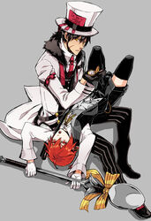  2boys alternate_costume bad_id bad_pixiv_id black_hair black_legwear black_pants bow daizu_yan elsword elsword_(character) formal full_body grey_background hat male_focus multiple_boys necktie oversized_object pants photoshop_(medium) pinstripe_pants pinstripe_pattern pocket_watch raven_cronwell red_eyes red_hair ribbon shorts spoon striped suit thighhighs top_hat watch yellow_eyes 