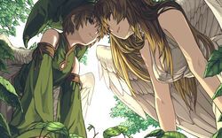  1boy ancient_greek_clothes androgynous angel_wings bad_id bad_pixiv_id blonde_hair blue_eyes breasts cleavage detached_sleeves ehekatl_of_luck elona female grass greco-roman_clothes green_shirt harusame_(rueken) hat jester_cap kumiromi_of_harvest medium_breasts peplos shirt smile tree white_wings wings 