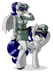  2015 alpha_channel anthro bat_pony clothing duo equid fan_character female feral gesture hasbro hi_res mammal my_little_pony pusspuss salute simple_background square_crossover transparent_background uniform 