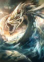  commentary_request dragon leviathan_(mythology) monster no_humans noki_(affabile) ocean pixiv_fantasia pixiv_fantasia_5 solo water waves 