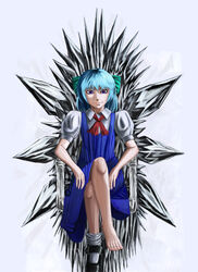  bad_id bad_pixiv_id barefoot blue_eyes blue_hair bow cirno crossed_legs dress female hairbow highres ice mmm_(mikito) puffy_short_sleeves puffy_sleeves shoes short_hair short_sleeves single_shoe sitting smile throne touhou 