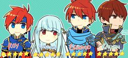  3boys armor bare_shoulders blue_hair cape character_name chibi commentary_request dress eliwood_(fire_emblem) father_and_son female fire_emblem fire_emblem:_the_binding_blade fire_emblem:_the_blazing_blade fire_emblem_heroes gloves hair_ornament long_hair looking_at_viewer mother_and_son multiple_boys ninian_(fire_emblem) raven_(fire_emblem) red_eyes red_hair roirence roy_(fire_emblem) short_hair smile star_(symbol) 