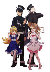  2boys 2girls alice_(megami_tensei) araragi_koyomi black_hair blonde_hair cape commentary_request cosplay costume_switch crossover crown devil_summoner_(series) dress full_body grey_eyes hat highres kamizawa_(sark) kuzunoha_raidou long_hair monogatari_(series) multiple_boys multiple_girls naoetsu_high_school_uniform oshino_shinobu school_uniform shin_megami_tensei sideburns simple_background white_background yellow_eyes 