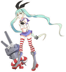  anchor aqua_eyes aqua_hair ayumi_(xiwu) boots commentary_request cosplay crop_top crop_top_overhang crossover female gloves grey_footwear hairband hatsune_miku highres kantai_collection lifebuoy long_hair midriff navel photoshop_(medium) rensouhou-chan ribbon sailor_collar shimakaze_(kancolle) shimakaze_(kancolle)_(cosplay) solo striped_clothes striped_thighhighs swim_ring thighhighs twintails very_long_hair vocaloid 