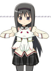  :3 akemi_homura black_hair black_hairband blue_eyes blush cheek_pinching commentary_request face_stretching female hairband kyuubee long_hair mahou_shoujo_madoka_magica mahou_shoujo_madoka_magica_(anime) mitakihara_school_uniform pantyhose pinching school_uniform shirika skirt stretching 