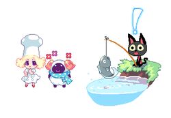  animal_crossing black_eyes blonde_hair doubutsu_no_mori feline fish fishing_rod horns kiki lowres nintendo pixel_art player_1 scarf sheep vesta villager_(doubutsu_no_mori) water 