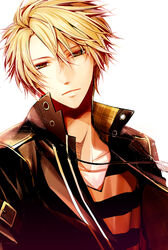  1boy amnesia_(idea_factory) blonde_hair commentary_request feathers jacket jewelry male_focus necklace ouka_mai shirt solo striped_clothes striped_shirt toma_(amnesia) white_background yellow_eyes 