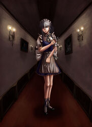  apron bad_id bad_pixiv_id blue_eyes braid candelabra candle candlestand drawing_(object) female frilled_skirt frills grey_hair highres izayoi_sakuya maid maid_apron maid_headdress mmm_(mikito) pocket_watch puffy_short_sleeves puffy_sleeves short_hair short_sleeves skirt touhou twin_braids watch 