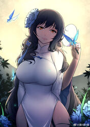  backlighting black_hair blue_butterfly breasts brown_eyes bug butterfly closed_mouth dress elbow_gloves female fingerless_gloves flower full_moon garter_straps girls&#039;_frontline gloves hair_flower hair_ornament hand_fan highres hip_focus kira_(artist) large_breasts lips long_hair looking_at_viewer moon official_alternate_costume outdoors paper_fan pelvic_curtain side_slit smile solo turtleneck type_95_(girls&#039;_frontline) type_95_(narcissus)_(girls&#039;_frontline) uchiwa very_long_hair watermark weibo_logo weibo_watermark white_dress 