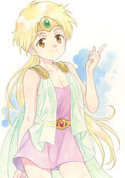  agahari bare_shoulders blonde_hair breasts brown_eyes cape circlet commentary_request dragon_quest dragon_quest_dai_no_daibouken female highres long_hair looking_at_viewer medium_breasts princess_leona smile solo traditional_media 