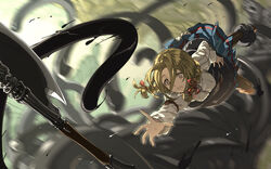  :o axe bad_id bad_pixiv_id blonde_hair blouse boots braid elona falling female hair_ribbon harusame_(rueken) little_girl_(elona) motion_blur ribbon shirt skirt spiral_king_(elona) tentacle twin_braids weapon wide-eyed 