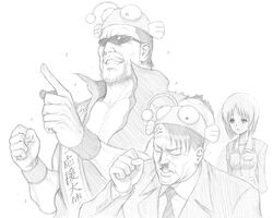  2boys adolf_hitler anger_vein angry animal_hat antennae arms_behind_back buttons character_request chouno_masahiro clenched_hand collarbone collared_shirt commentary_request dairoku_tenma der_untergang empty_eyes facial_hair female girls_und_panzer greyscale hat highres jacket long_sleeves military military_uniform monochrome moustache multiple_boys nazi necktie nishizumi_miho ooarai_military_uniform open_clothes open_jacket pocket pointing school_uniform shirt short_hair simple_background sunglasses toothbrush_mustache translation_request uniform white_background world_war_ii wrinkled_skin 