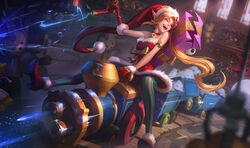  blonde_hair boots choker christmas closed_eyes female gloves jinx_(league_of_legends) league_of_legends long_hair official_art pointy_ears santa_hat skirt thighhighs toys 