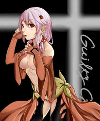  bare_shoulders black_thighhighs breasts center_opening cleavage commentary_request detached_sleeves elbow_gloves female fingerless_gloves gloves guilty_crown hair_ornament hairclip hand_on_own_chest long_hair looking_at_viewer navel open_mouth pink_hair red_eyes shuffle115 solo thighhighs twintails yuzuriha_inori 