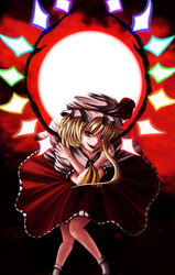  ascot bad_id bad_pixiv_id blonde_hair fangs female flandre_scarlet frilled_skirt frills full_moon hat hat_ribbon mmm_(mikito) mob_cap moon puffy_short_sleeves puffy_sleeves red_eyes ribbon short_hair short_sleeves side_ponytail skirt touhou vest wings 