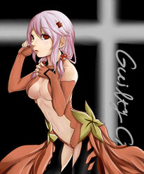  bare_shoulders black_thighhighs breasts center_opening cleavage commentary_request detached_sleeves elbow_gloves female fingerless_gloves gloves guilty_crown hair_ornament hairclip hand_on_own_chest long_hair looking_at_viewer navel open_mouth pink_hair red_eyes shuffle115 solo thighhighs twintails yuzuriha_inori 