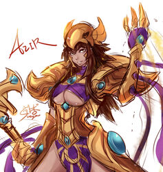  armor azir bad_id bad_pixiv_id breasts brown_eyes brown_hair character_name claws dark-skinned_female dark_skin female gauntlets genderswap_(mtf) helmet large_breasts league_of_legends long_hair looking_at_viewer rule_63 signature solo sueyen underboob 