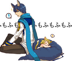  ! 1boy aged_down animal_ears bad_id bad_pixiv_id bare_shoulders bintei blonde_hair blue_eyes blue_hair blue_scarf blush cat_ears cat_tail closed_eyes female fox_ears fox_tail hair_ornament hairclip hug hugging_another&#039;s_tail hugging_tail kagamine_rin kaito_(vocaloid) kemonomimi_mode lolicon looking_back lying on_side sailor_collar scarf short_hair sitting sleeping tail tail_pillow vocaloid 