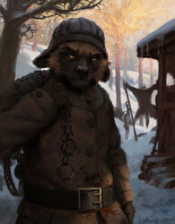  2015 anthro bear_trap belt biped black_nose brown_body brown_fur brown_sclera chains clothed clothing coat detailed detailed_background digital_media_(artwork) digital_painting_(artwork) forest front_view fur gloves gulonine handwear hat hax_(artist) headgear headwear hi_res humanoid_hands hunter kenket lofi male mammal mustelid musteline outside plant snow solo standing topwear trap_(contrivance) tree winter wolverine 