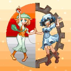  2girls :d arm_up bag bianca_(pokemon) black_hair blonde_hair blue_eyes blue_skirt boots breasts commentary_request crossover gears gradient_background green_eyes hat holding holding_hands holding_poke_ball lowres medium_breasts metal_upa migel_futoshi multiple_girls open_mouth orange_background pantyhose pixel_art poke_ball poke_ball_(basic) pokemon pokemon_(game) shiina_mayuri short_hair skirt smile steins;gate upa_(steins;gate) 