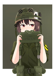  1st_cavalry_division ace_(playing_card) ace_of_spades alternate_costume black_hair border card claymore_(mine) commentary_request covering_own_mouth cyka explosive female green_background grenade helmet holding holding_weapon kono_subarashii_sekai_ni_shukufuku_wo! load_bearing_equipment megumin military military_uniform mine_(weapon) photoshop_(medium) playing_card red_eyes short_hair simple_background soldier solo spade_(shape) uniform upper_body vietnam_war weapon white_border 