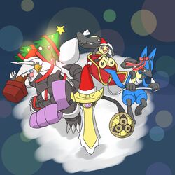  aegislash aggron christmas christmas_tree commentary_request ear_ribbon furry hat horn_bell kurogane_hagane lucario mawile pokemon pokemon_(creature) santa_hat sleigh 