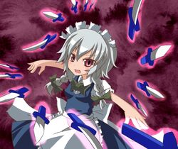  bad_id bad_pixiv_id braid female grey_hair izayoi_sakuya knife kotomi_(happy_colors) maid maid_headdress red_eyes solo touhou twin_braids 