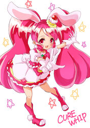  absurdres animal_ears bad_id bad_pixiv_id bow bowtie cake_hair_ornament character_name choker cure_whip dress earrings extra_ears female food-themed_hair_ornament full_body gloves hair_ornament hairband highres jewelry kirakira_precure_a_la_mode long_hair magical_girl pink_bow pink_bowtie pink_choker pink_footwear pink_hair pink_hairband pom_pom_(clothes) pom_pom_earrings precure rabbit_tail red_eyes shoes simple_background smile solo soraryu_saworu star_(symbol) tail twintails usami_ichika v white_background white_dress white_gloves 