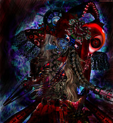  abstract abstract_background anchor artificial_eye artist_name bag belt bow clock commentary dark dial english_commentary female flower funamusea gears hat highres industrial lamp light long_hair looking_at_viewer mechanical_arms mechanical_eye mechanization moon_(ornament) oounabara_to_wadanohara plait red_eyes rose skirt soggates-nyan_(amurka-chan) solo steampunk wadanohara wadanohara_(red_sea) wire witch witch_hat 