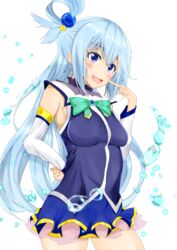  aqua_(konosuba) bad_id bad_pixiv_id blue_eyes blue_footwear blue_hair blue_shirt blue_skirt blue_thighhighs boots bow detached_sleeves female green_bow hair_ornament hair_rings kono_subarashii_sekai_ni_shukufuku_wo! long_hair sakura_shibataro shirt skirt solo thigh_boots thighhighs very_long_hair 