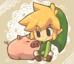  1boy black_eyes blonde_hair commentary_request hat link lowres pig pointy_ears smile the_legend_of_zelda the_legend_of_zelda:_the_wind_waker toon_link tsutsuji 