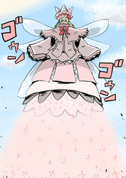  blonde_hair capelet commentary_request fairy_wings female from_ground giant giantess hat lily_white nicetack sky smile solo touhou wings 